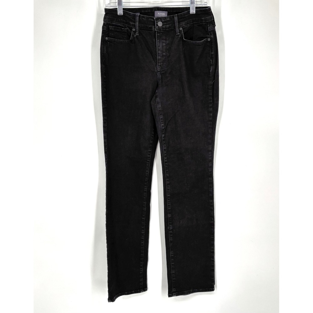 NYDJ Marilyn Straight Leg Jeans Sz 6‎ Black Denim Mid Rise Stretch Slimming Long - Picture 3 of 13